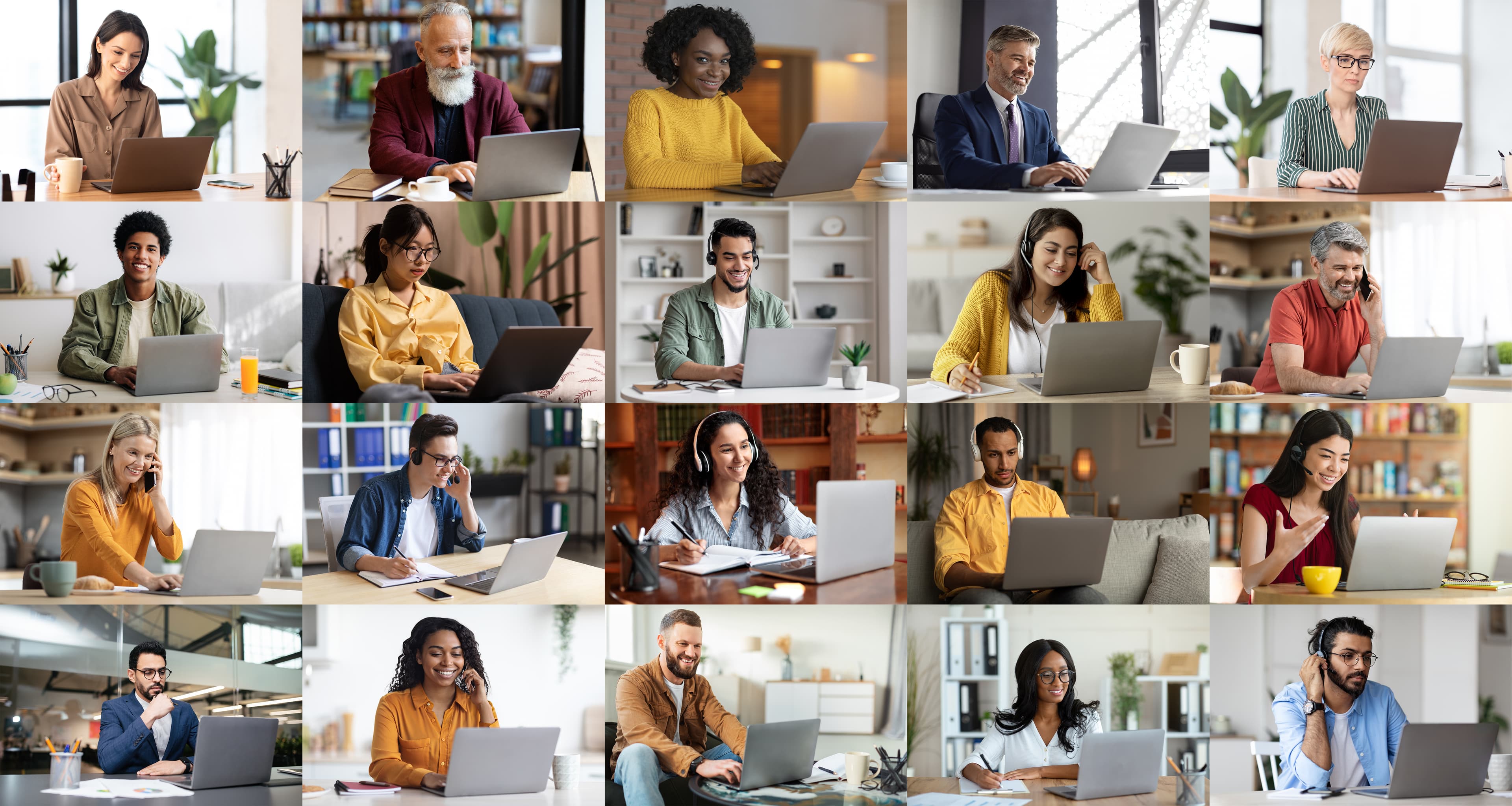 Collage of international men and women working on their laptop