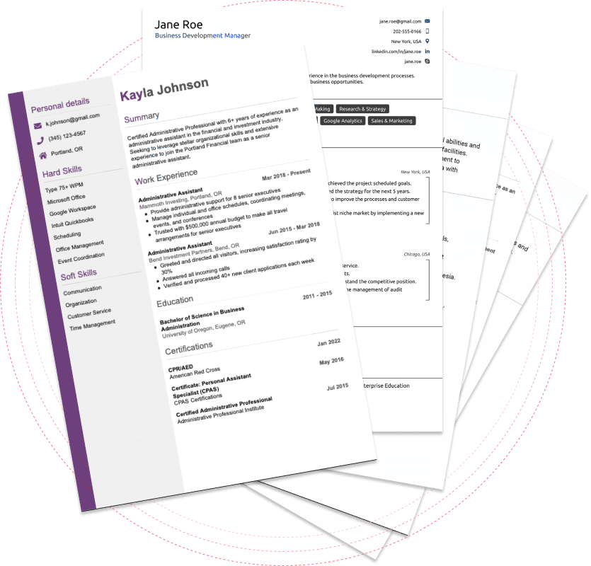 Resumes stacked and spread a little appart joined at the bottom sorrounded by 3 dashed outline circles